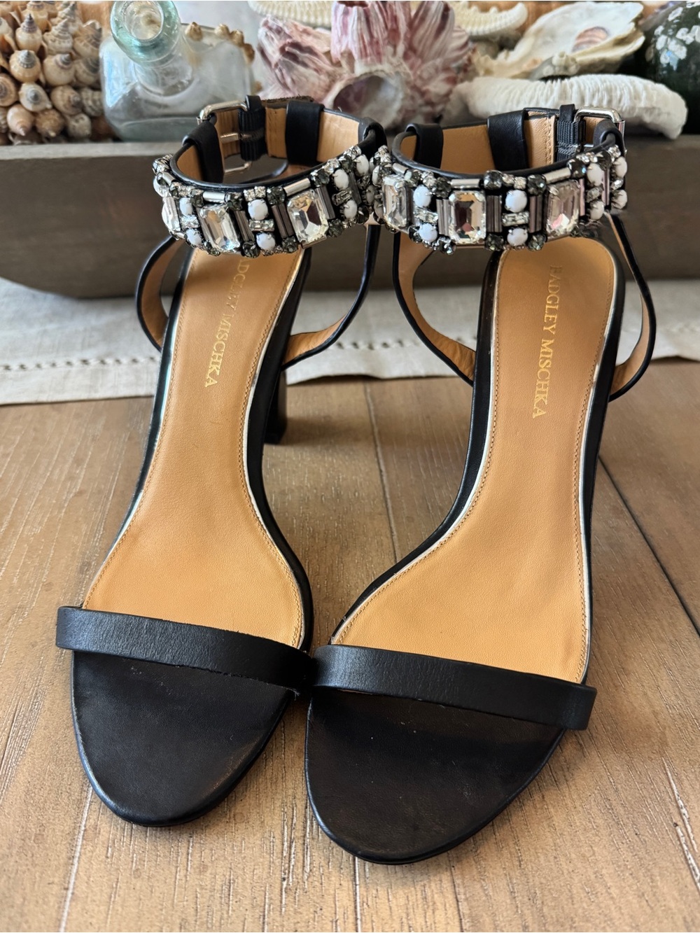 Badgley Mischka Jeweled Black Leather Ankle-Strap Heeled Sandals Women’s Size 9